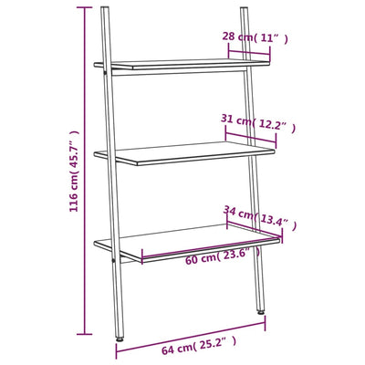 3-Tier Leaning Shelf Dark Brown and Black 64x34x116 cm