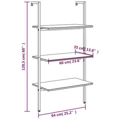 3-Tier Leaning Shelf Light Brown and Black 64x35x120.5 cm