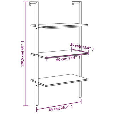 3-Tier Leaning Shelf Dark Brown and Black 64x35x120.5 cm