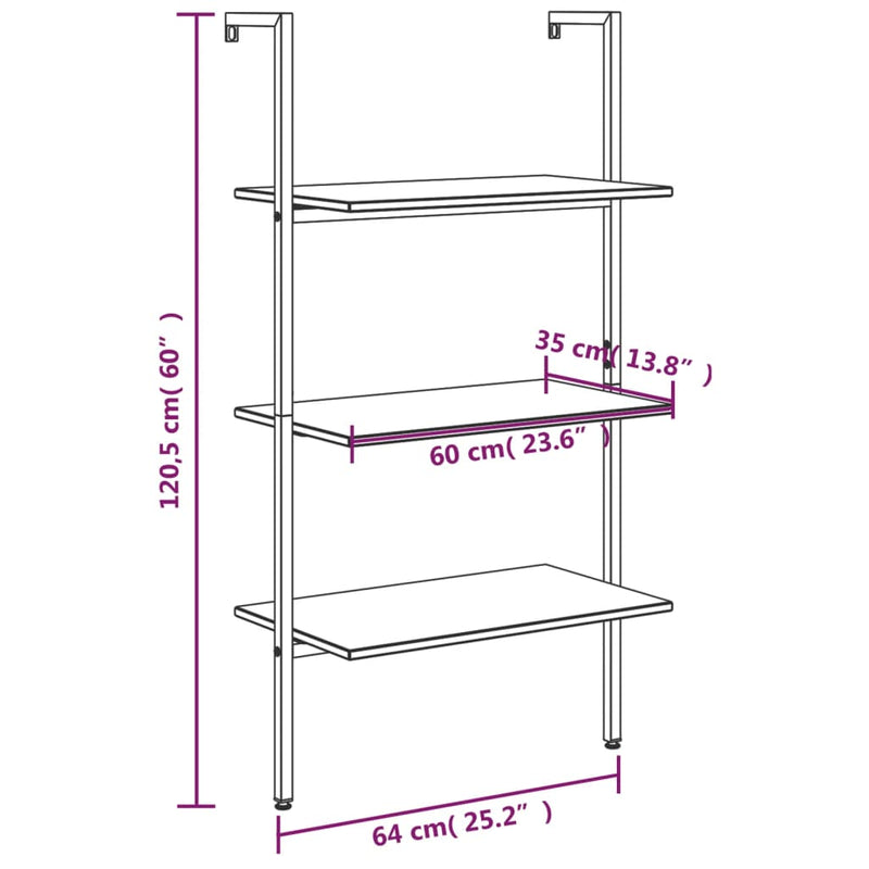 3-Tier Leaning Shelf Black 64x35x120.5 cm