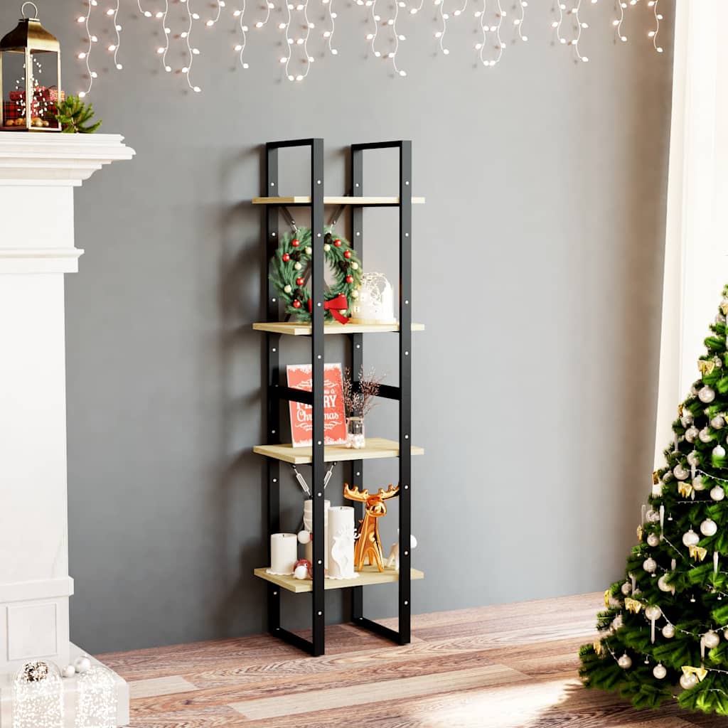 vidaXL Book Cabinet | Natural Wood, Black | Solid Pine Wood, Metal | 4-Tier 1