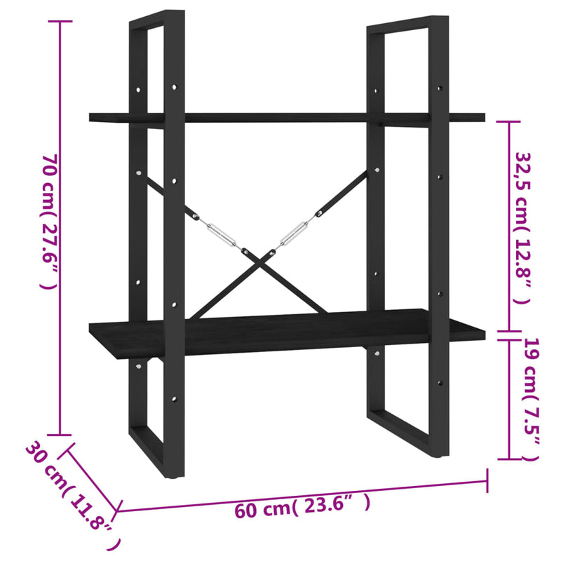 Librería de 2 niveles de madera maciza de pino color negro 60x30x70 cm