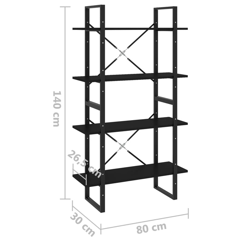 4-Tier Book Cabinet Black 80x30x140 cm Engineered Wood