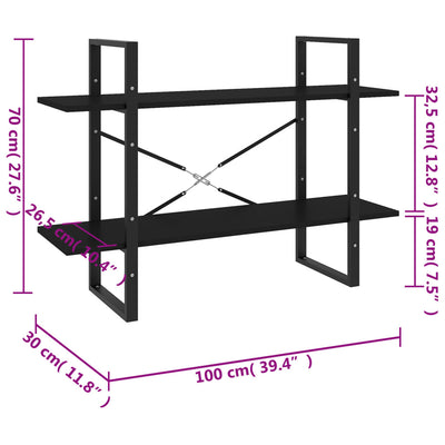 Librería de 2 niveles en madera de ingeniería negra de 100 x 30 x 70 cm