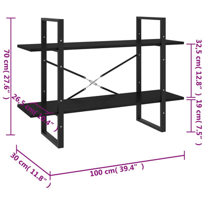 Librería de 2 niveles en color negro 100x30x70 cm en madera maciza de pino