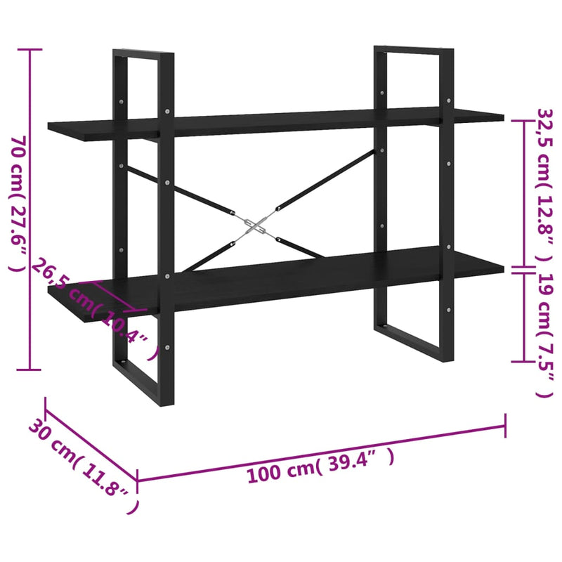 Librería de 2 niveles en color negro 100x30x70 cm en madera maciza de pino