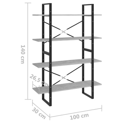 4-Tier Book Cabinet Concrete Grey 100x30x140 cm Engineered Wood