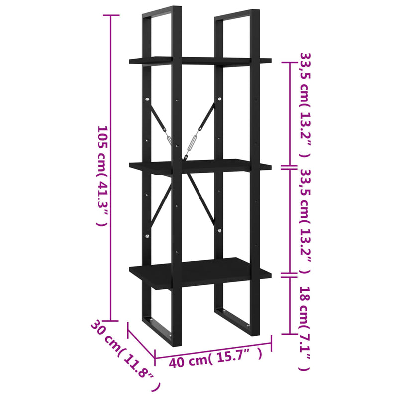 3-Tier Book Cabinet Black 40x30x105 cm Engineered Wood