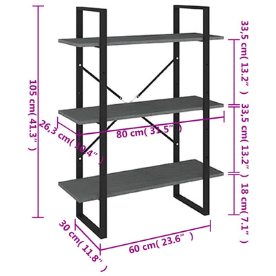 3-Tier Book Cabinet Grey 80x30x105 cm Solid Pine Wood