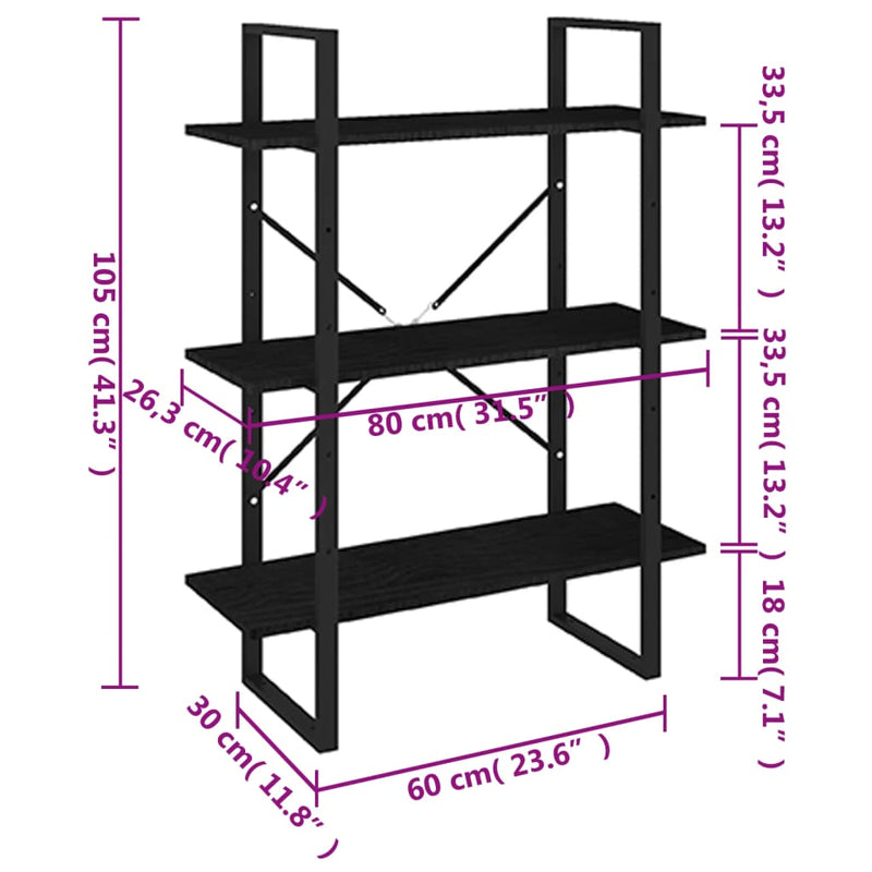 3-Tier Book Cabinet Black 80x30x105 cm Solid Pine Wood