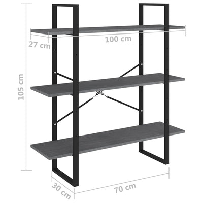 3-Tier Book Cabinet Grey 100x30x105 cm Solid Pine Wood