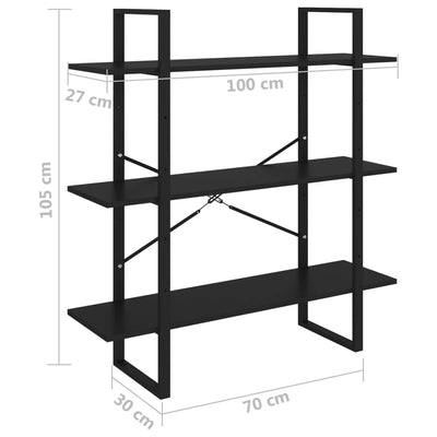 3-Tier Book Cabinet Black 100x30x105 cm Solid Pine Wood