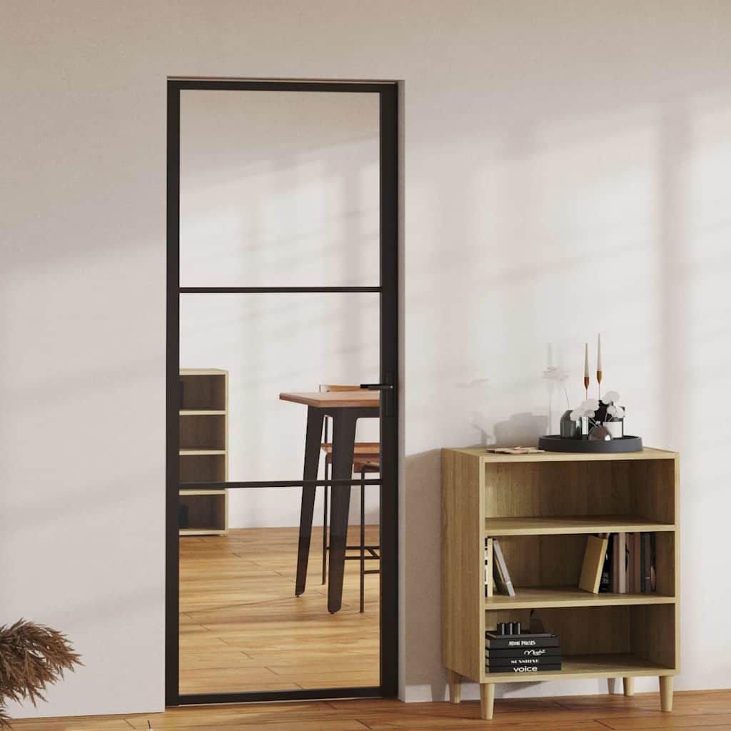 Interior Door ESG Glass and Aluminium Black Black and transparent 76 x 201.5 cm 2 horizontal bars