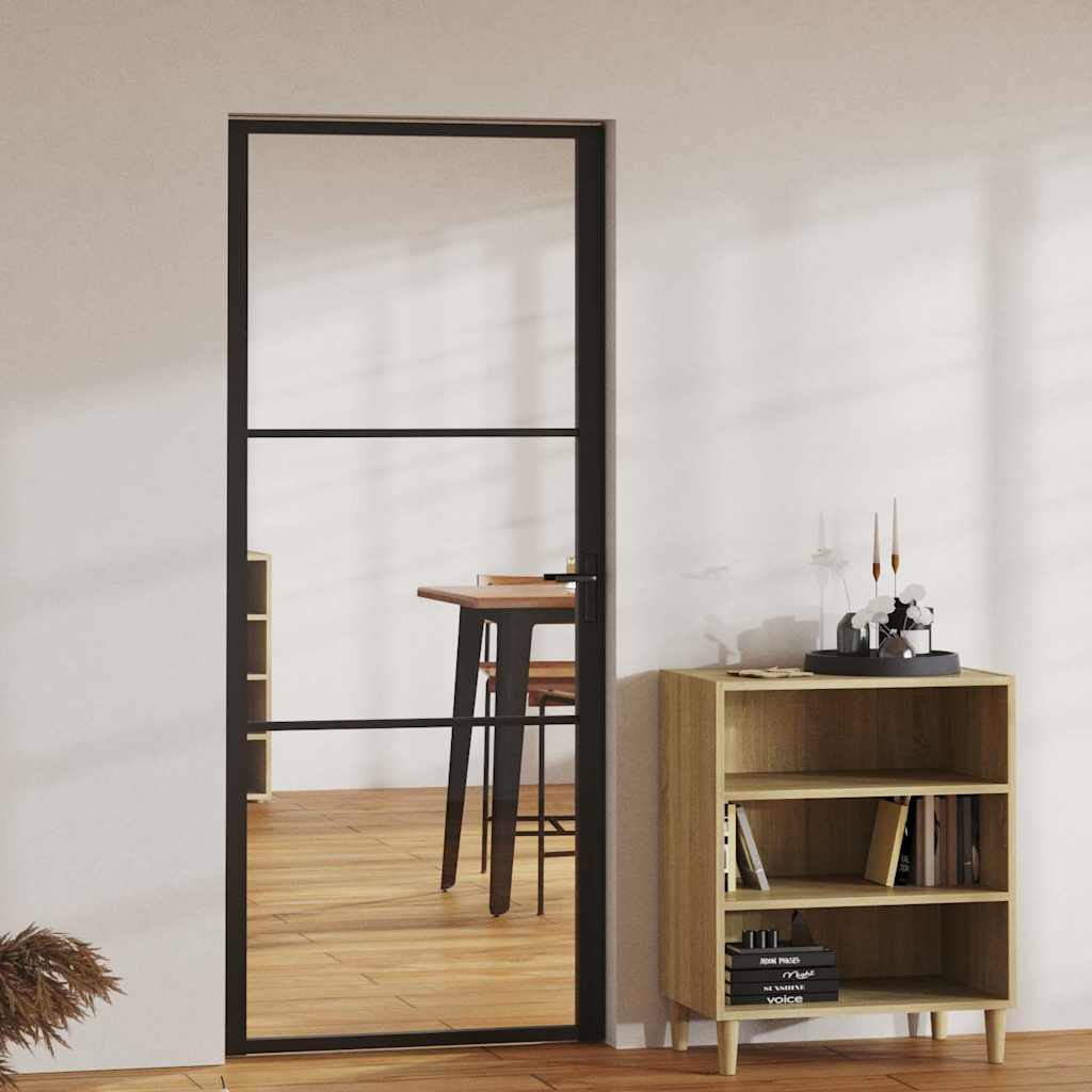 Interior Door ESG Glass and Aluminium Black Black and transparent 83 x 201.5 cm 2 horizontal bars