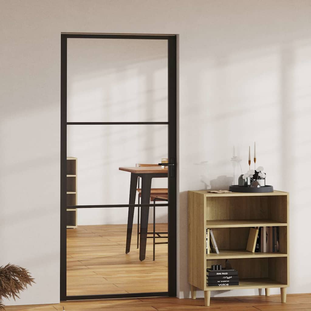 Interior Door ESG Glass and Aluminium Black Black and transparent 93 x 201.5 cm 2 horizontal bars