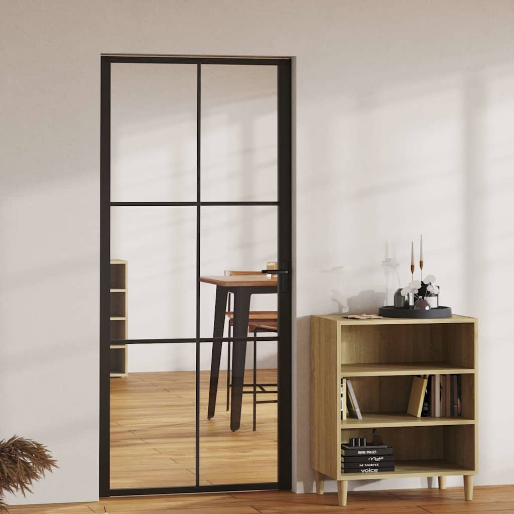 Interior Door ESG Glass and Aluminium Black Black and transparent 93 x 201.5 cm 3x2 grids