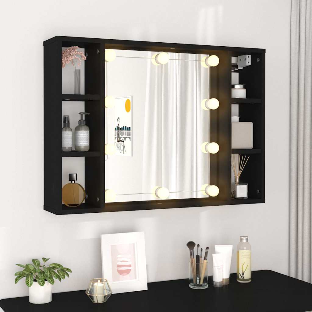vidaXL Mirror Cabinet with LED Black 76x15x55 cm 4