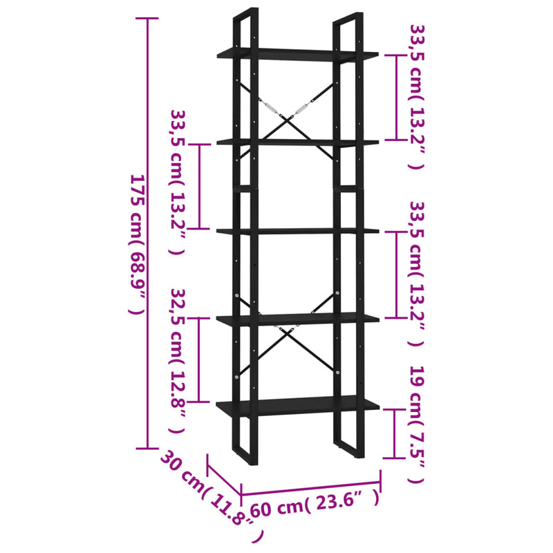 5-Tier Book Cabinet Black 60x30x175 cm Engineered Wood