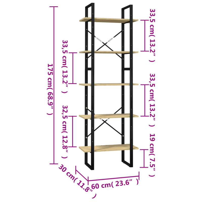 5-Tier Book Cabinet 60x30x175 cm Pinewood