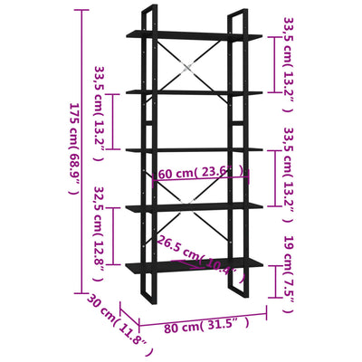 5-Tier Book Cabinet Black 80x30x175 cm Engineered Wood