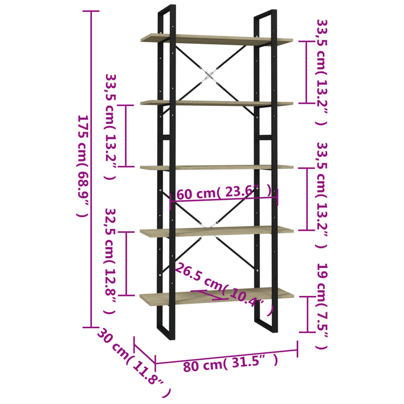 5-Tier Book Cabinet Sonoma Oak 80x30x175 cm Engineered Wood