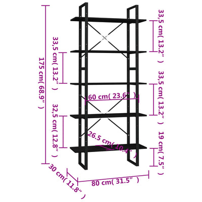 5-Tier Book Cabinet Black 80x30x175 cm Pinewood