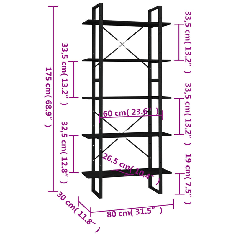 5-Tier Book Cabinet Black 80x30x175 cm Pinewood