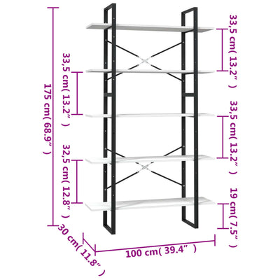 5-Tier Book Cabinet White 100x30x175 cm Pinewood