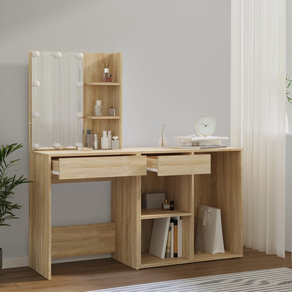 vidaXL LED Dressing Table with Cabinet Sonoma Oak Engineered Wood 5
