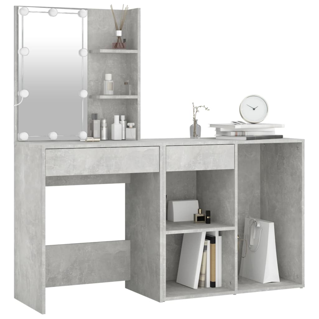 vidaXL LED Dressing Table with Cabinet Concrete Grey Engineered Wood 3