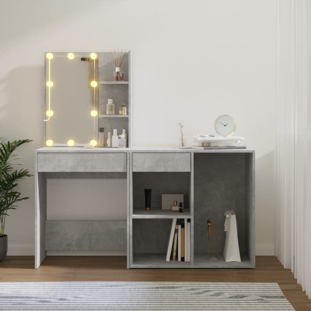 vidaXL LED Dressing Table with Cabinet Concrete Grey Engineered Wood 4