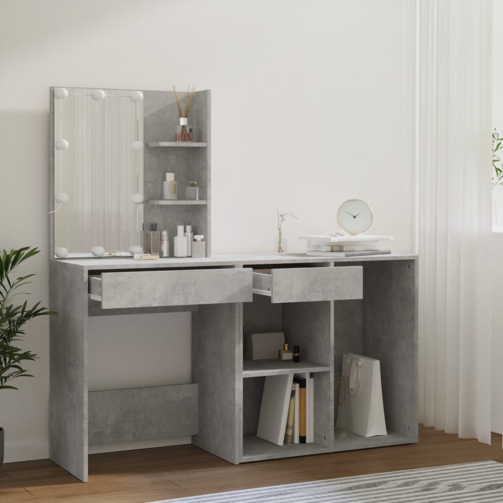 vidaXL LED Dressing Table with Cabinet Concrete Grey Engineered Wood 5