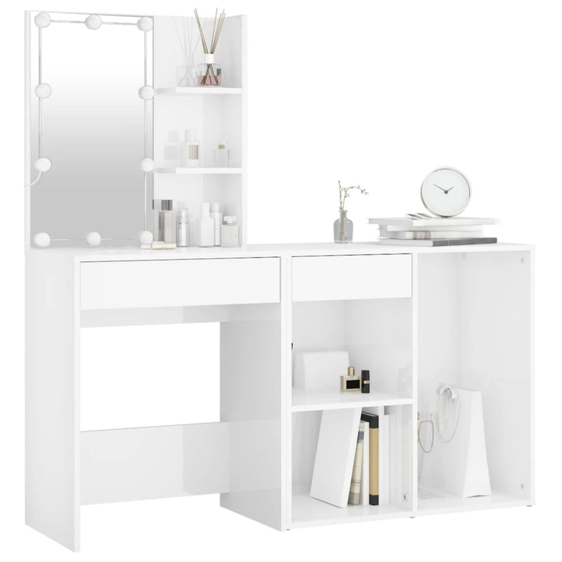 LED Dressing Table with Cabinet High Gloss White Engineered Wood