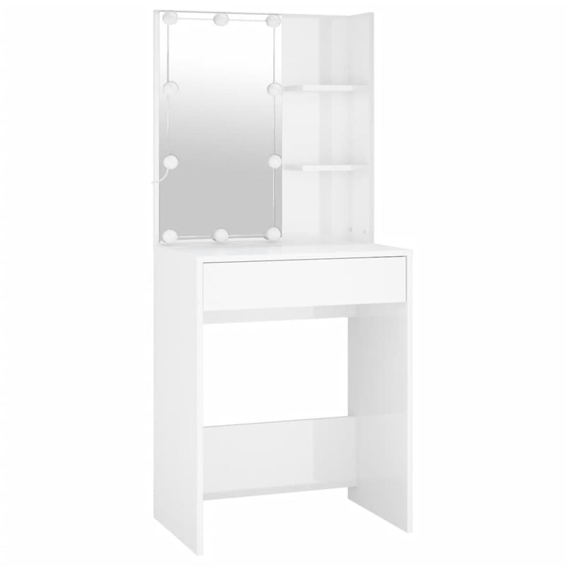 LED Dressing Table with Cabinet High Gloss White Engineered Wood