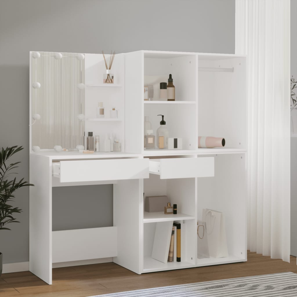 vidaXL LED Dressing Table with 2 Cabinets White Engineered Wood 5