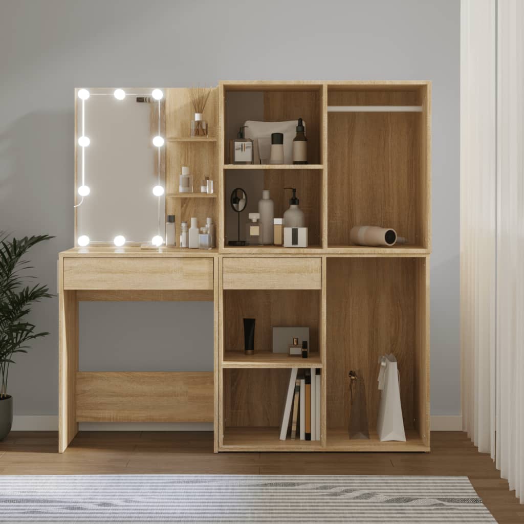 vidaXL LED Dressing Table with 2 Cabinets Sonoma Oak Engineered Wood 1