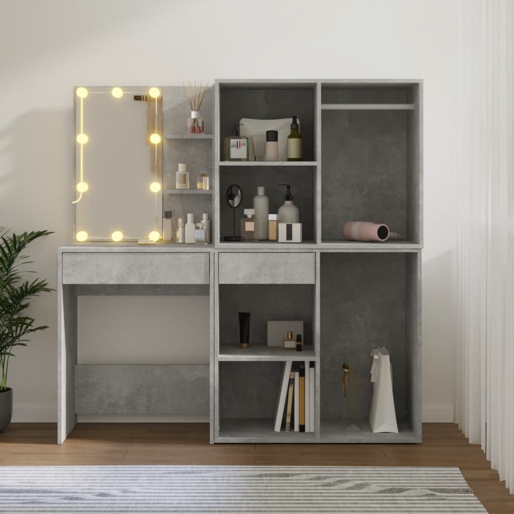 vidaXL LED Dressing Table with 2 Cabinets Concrete Grey Engineered Wood 4