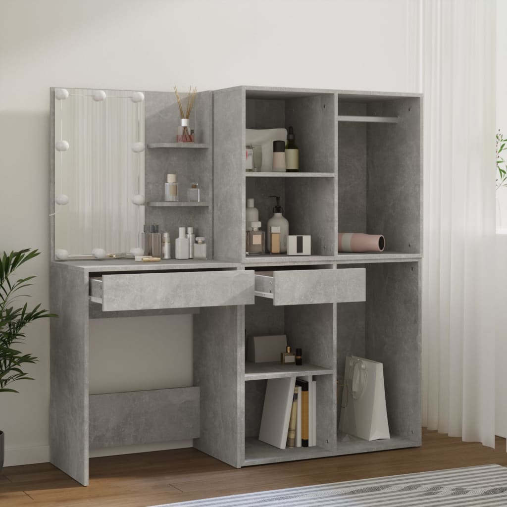vidaXL LED Dressing Table with 2 Cabinets Concrete Grey Engineered Wood 5