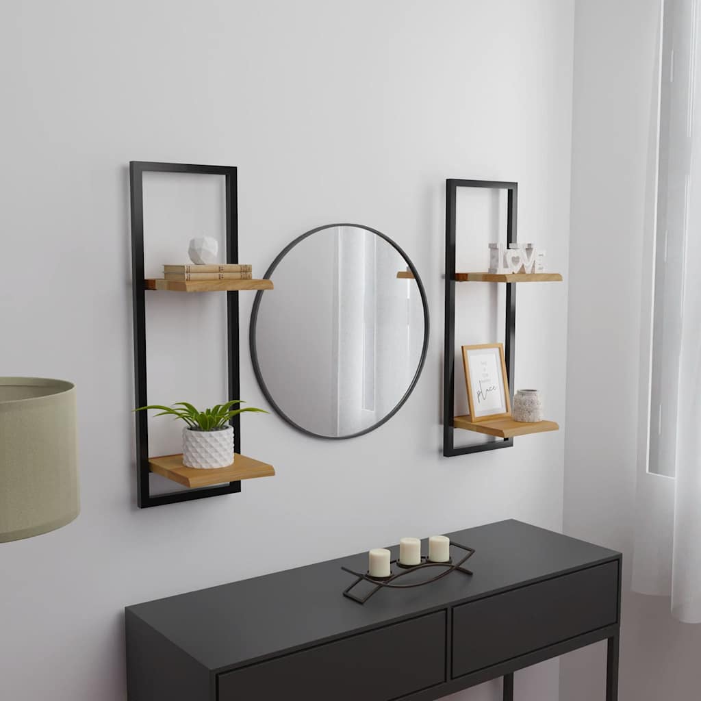 vidaXL Wall Shelf | Set of 2 | Natural wood and black | Solid Acacia wood, Steel 1