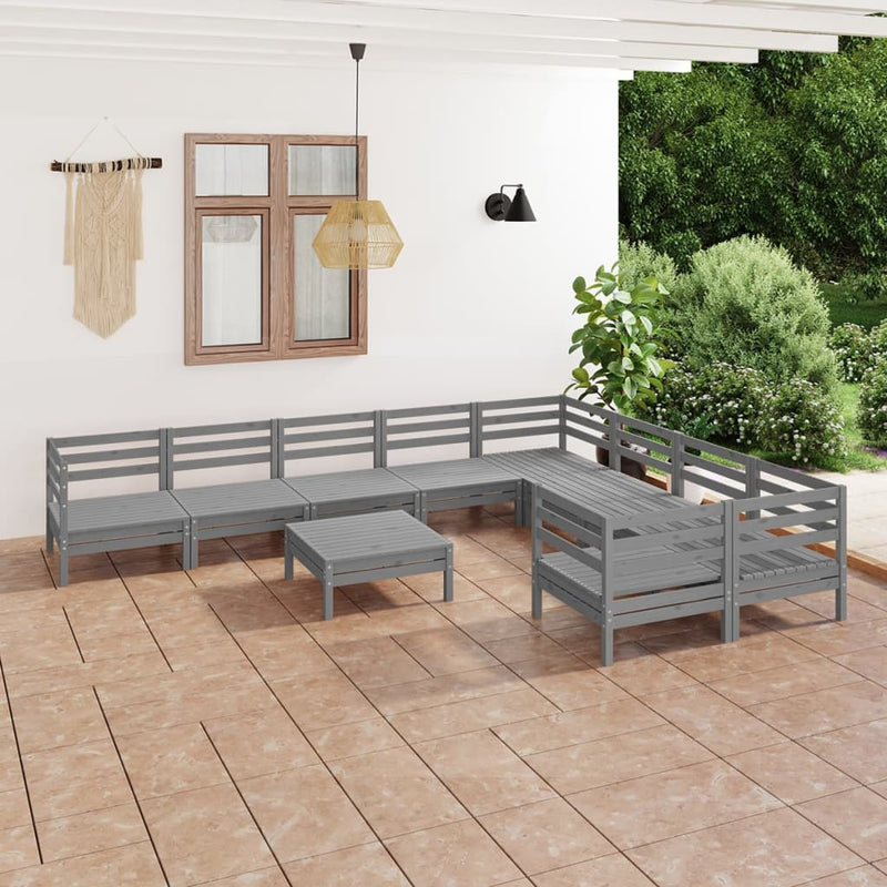 10 Piece Garden Lounge Set Grey Solid Wood Pine