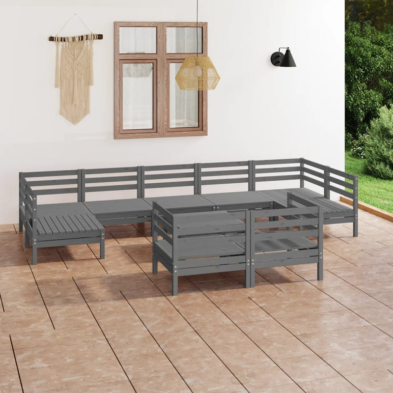 10 Piece Garden Lounge Set Grey Solid Wood Pine