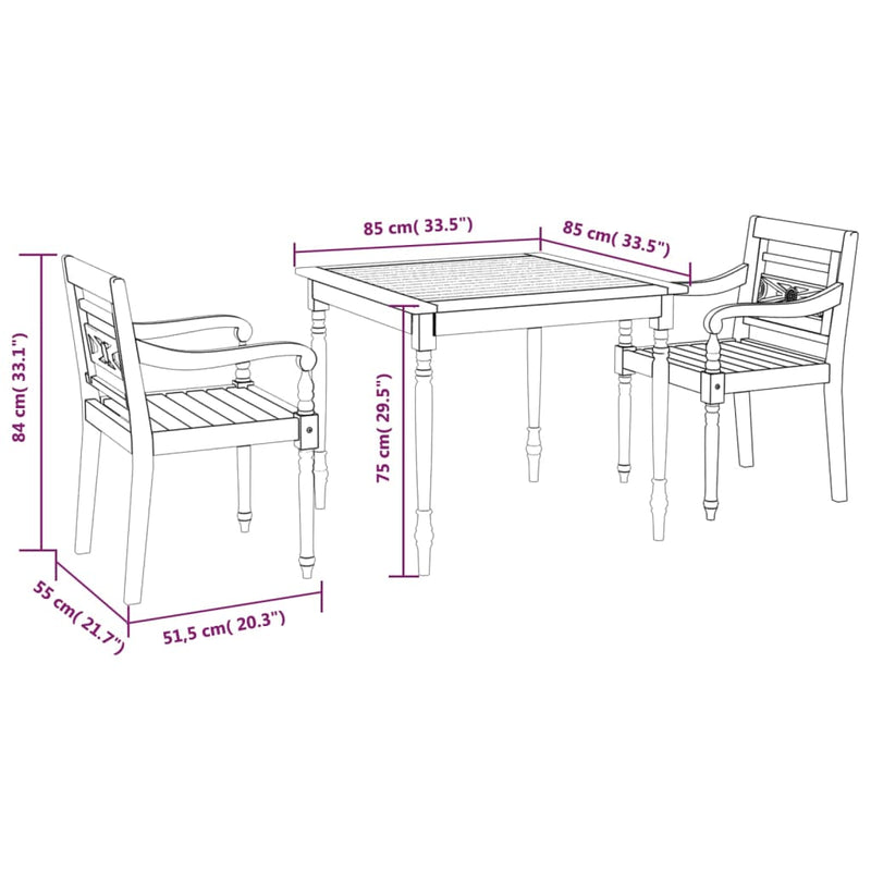 3 Piece Garden Dining Set Solid Teak Wood