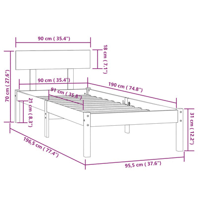 Bed Frame White Solid Wood Pine 90x190 cm Single