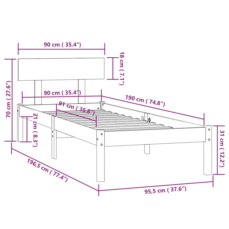 Bed Frame White Solid Wood Pine 90x190 cm Single