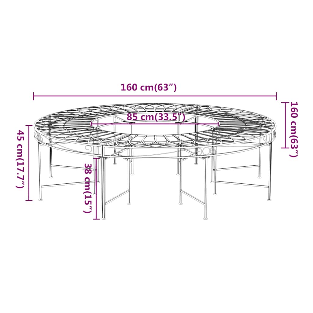 vidaXL Round Tree Bench Ø160 cm Black Steel 6