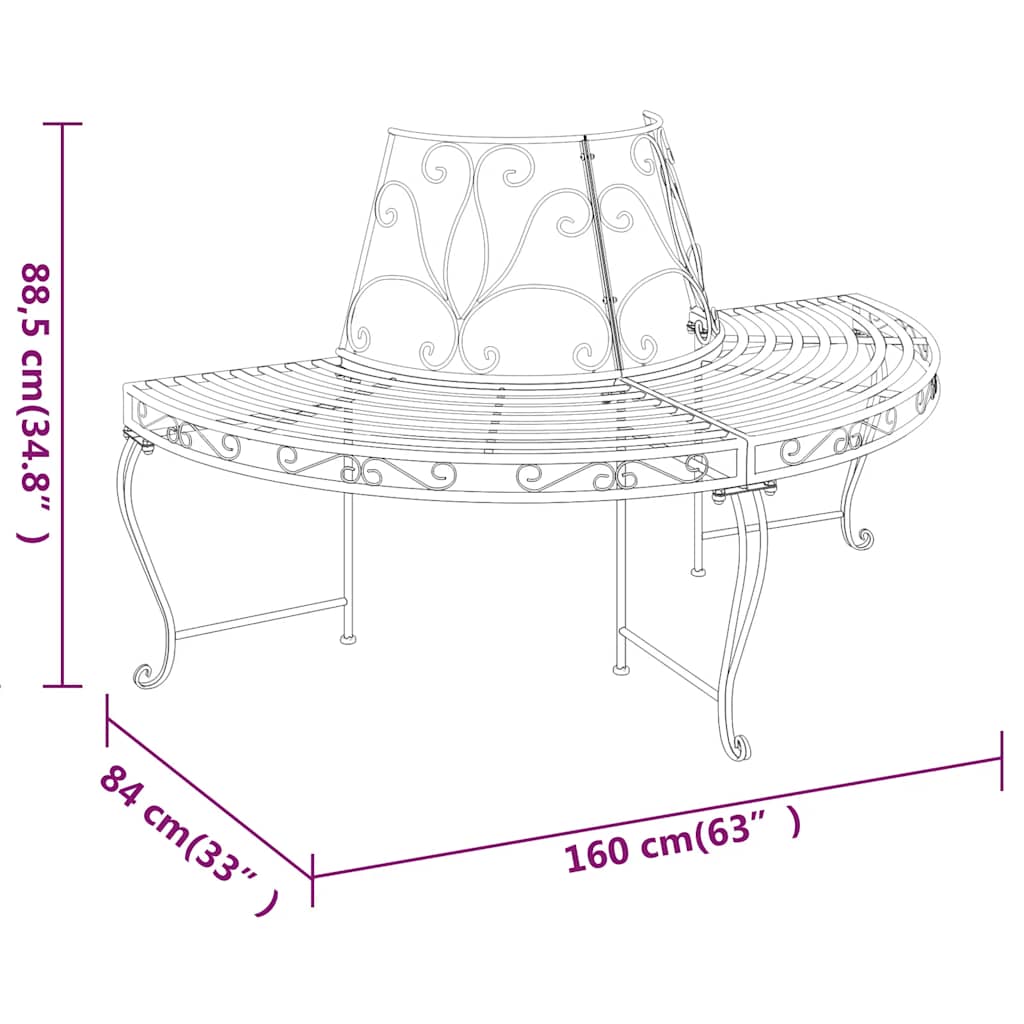 vidaXL Half Round Tree Bench Ø160 cm Black Steel 6