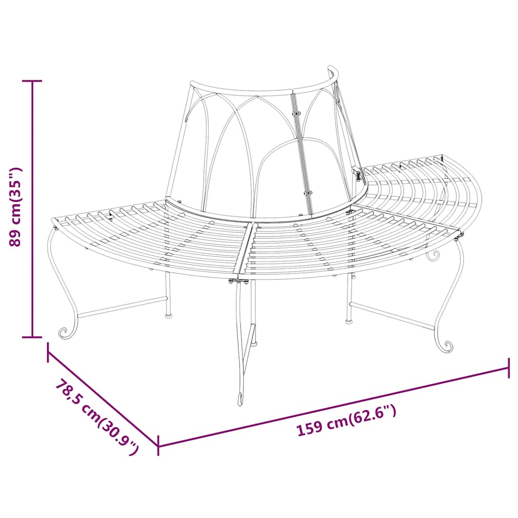 vidaXL Half Round Tree Bench Ø159 cm Black Steel 6