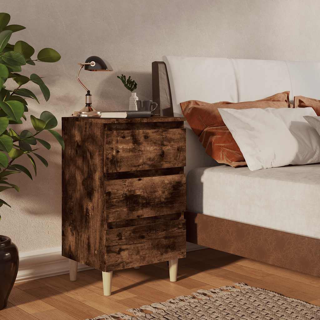813134 vidaXL Bed Cabinet with Solid Wood Legs Smoked Oak 40x35x69 cm 1