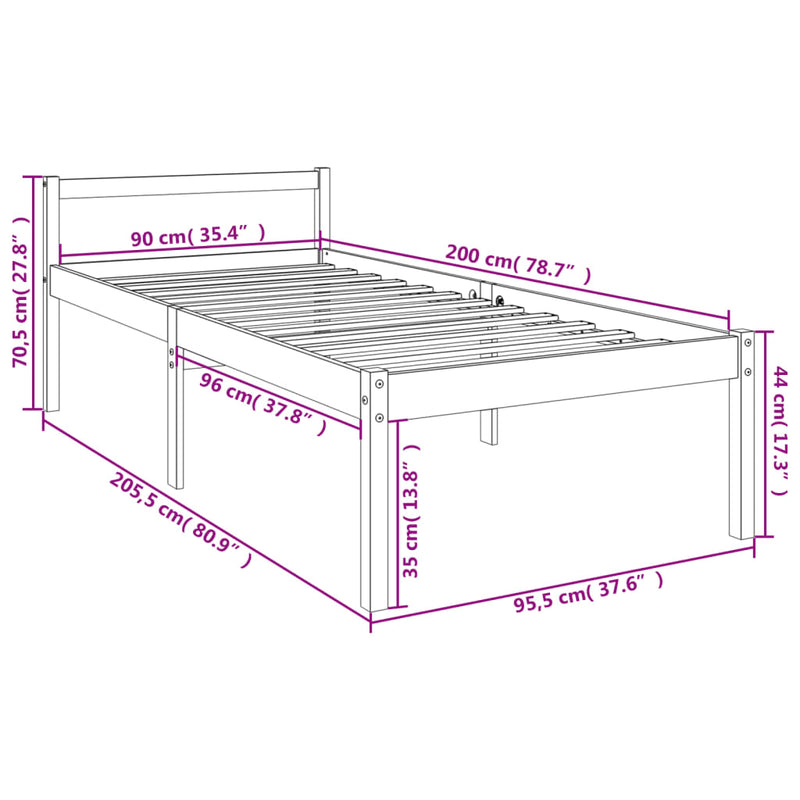 Bed Frame 90x200 cm Solid Wood Pine