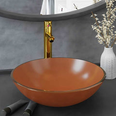 Bathroom Sink with Tap and Push Drain Tempered Glass Brown Gold tap